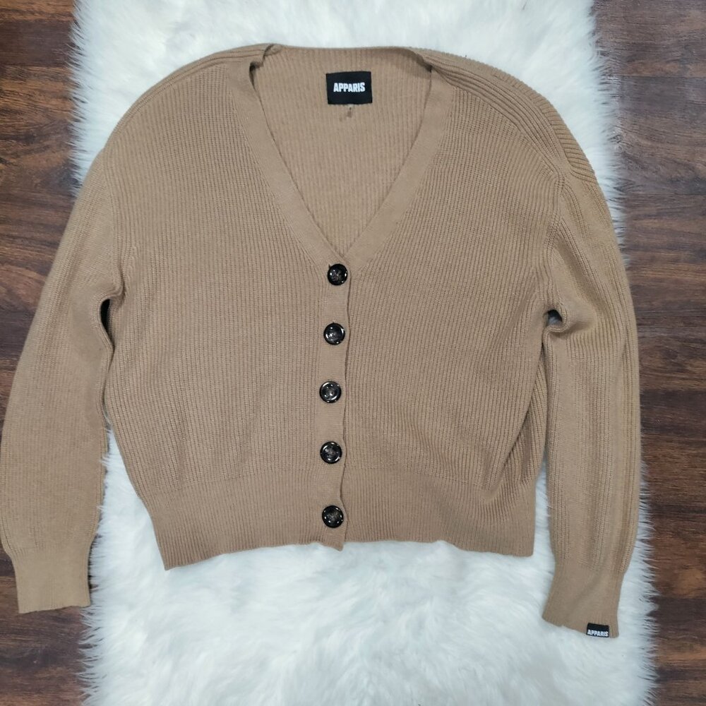 Apparis Women's Tan Oversized Cropped Ribbed Knit Button-Up Cardigan Size Medium - Picture 2 of 15